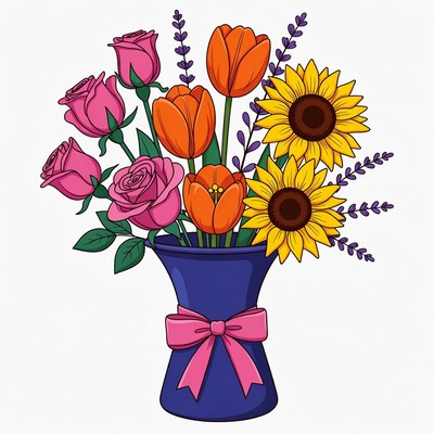 Colorful Flower Bouquet in Blue Vase