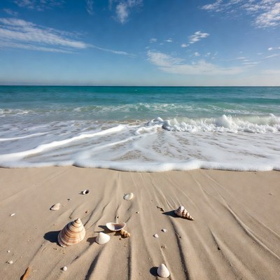 Seashells on sandy beach by ocean