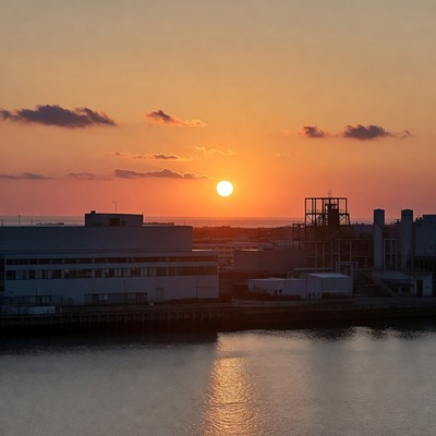 Sunset over industrial buildings by river