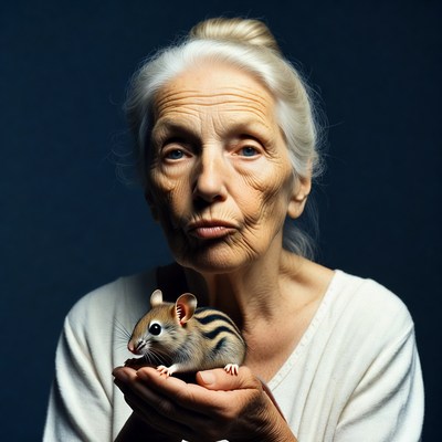 Elderly woman holding striped mouse