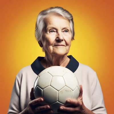 Elderly woman holding soccer ball