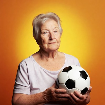 Elderly woman holding soccer ball