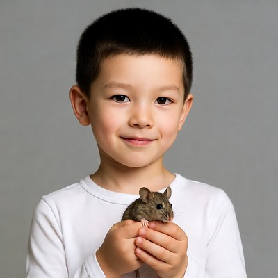 Asian boy holding pet mouse