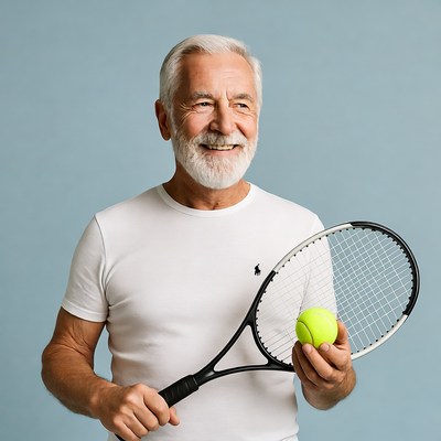 Senior man holding tennis racket and ball