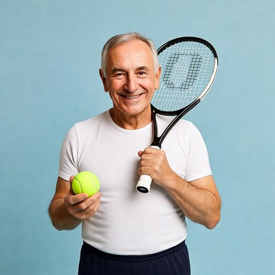 Senior man holding tennis racket and ball
