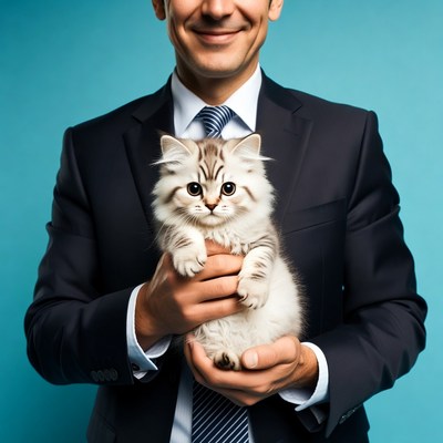 Man holding cute kitten in suit