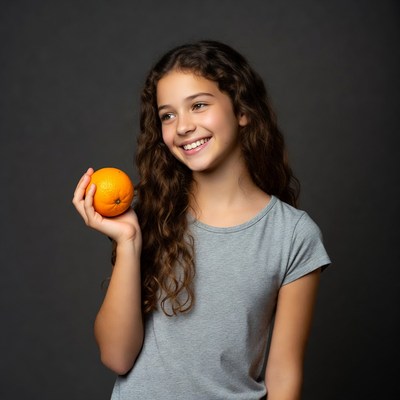 Girl holding orange smiling
