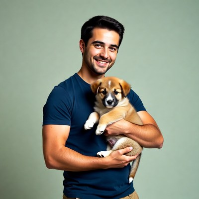 Man holding cute puppy