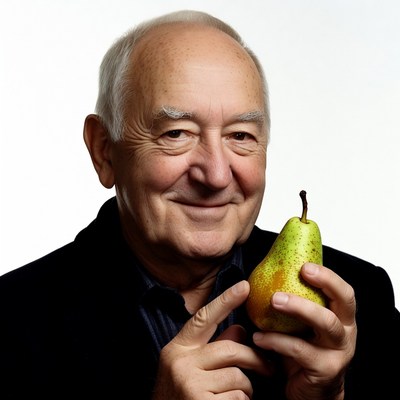 Elderly man holding green pear