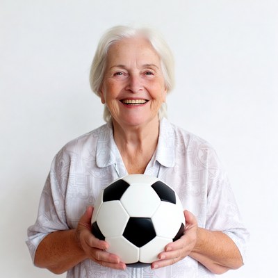 Elderly woman holding soccer ball