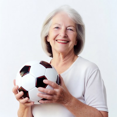 Elderly woman holding soccer ball