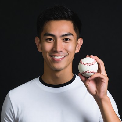 Asian man holding baseball