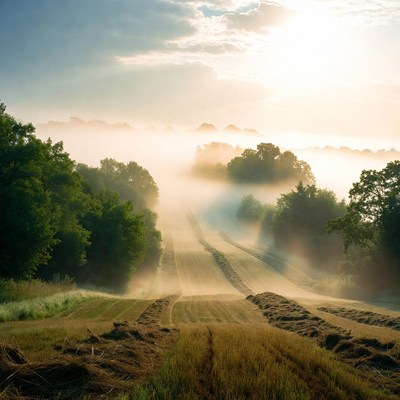 Foggy rural road through hay fields