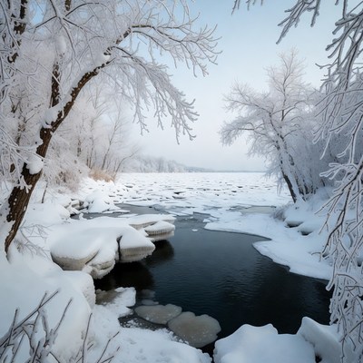 Winter River with Snowy Trees and Ice