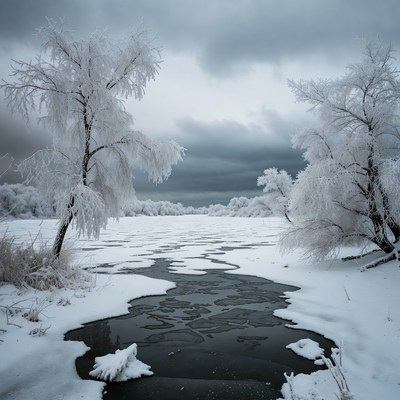 Snowy Trees by Frozen River