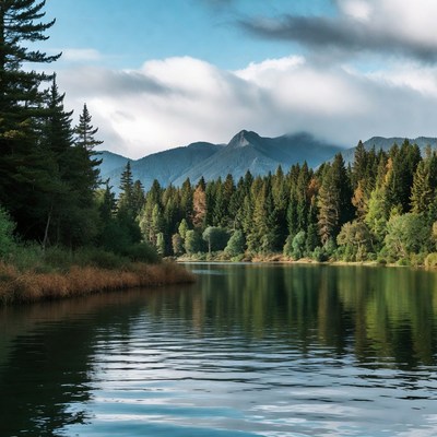 Mountain Lake with Pine Forest Reflection