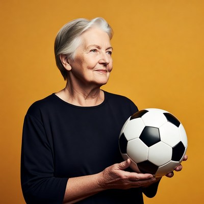 Elderly woman holding soccer ball
