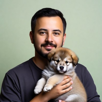 Man holding fluffy puppy