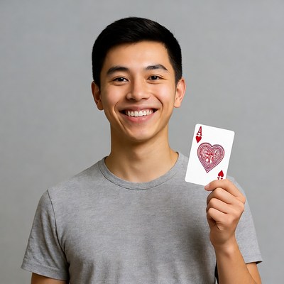 Asian man holding ace of hearts