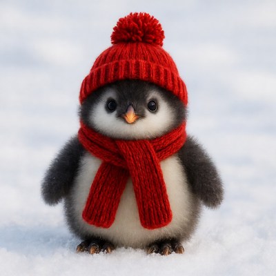 Cute penguin wearing red hat scarf