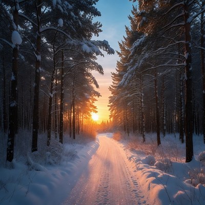 Snowy Forest Path at Sunset