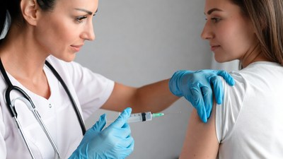 Nurse administering vaccine to woman