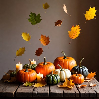 Pumpkins and falling leaves with candles