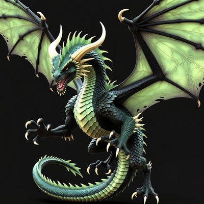 Green Dragon Roaring with Wings Spread