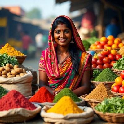 Indian woman at vibrant vegetable market