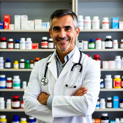 Smiling male doctor in pharmacy