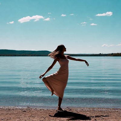 Woman dancing by lake shore