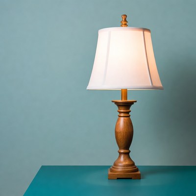 Wooden table lamp on teal surface