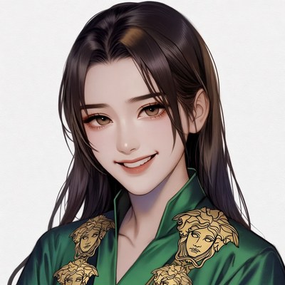 Asian woman in green Versace dress