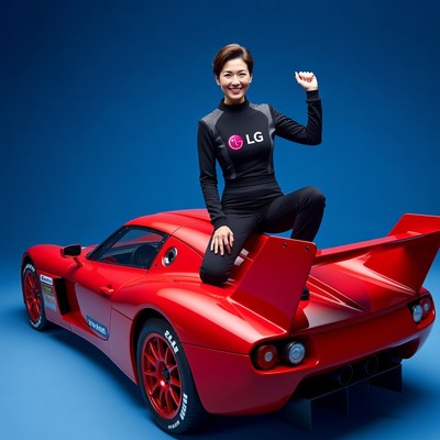 Asian woman posing on red race car