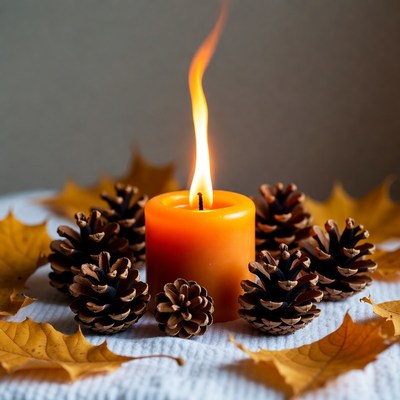 Orange Candle with Pinecones and Autumn Leaves