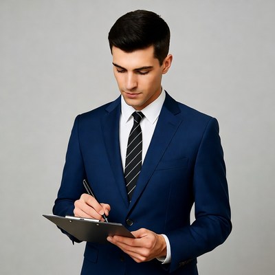 Man writing on clipboard in suit