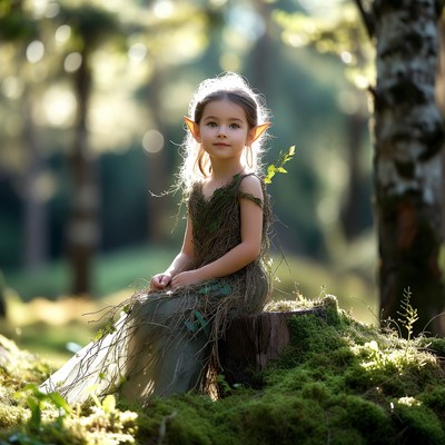Girl with elf ears on forest stump