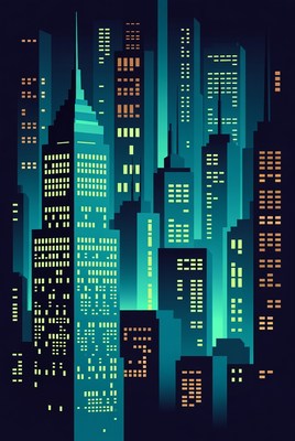 Neon Lit Skyscrapers at Night