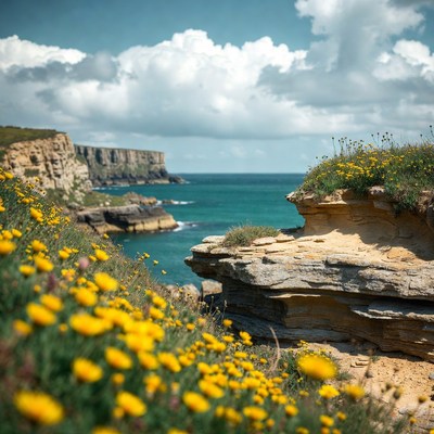 Cliff Edge with Yellow Flowers and Ocean