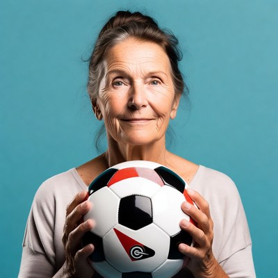 Elderly woman holding soccer ball