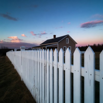 White Picket Fence and House at Sunset