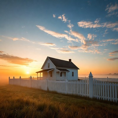 White house with picket fence at sunset