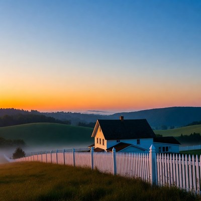 White farmhouse at sunset with hills