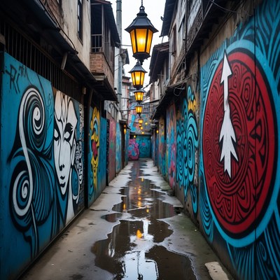 Graffiti-covered alley with lanterns
