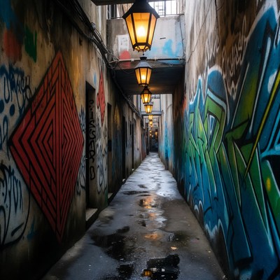 Graffiti-Covered Alley with Lanterns