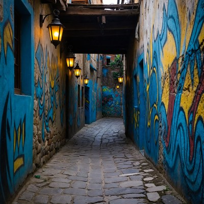 Colorful Graffiti Alley with Lanterns