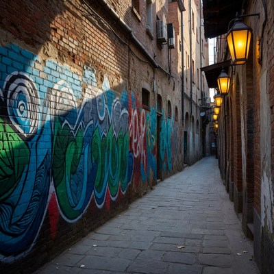Graffiti-covered brick alley at night