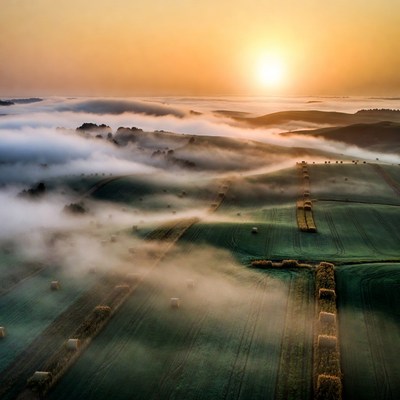 Hay bales in misty rolling fields at sunrise