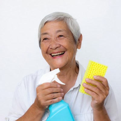 Elderly Asian woman holding cleaning spray and sponge