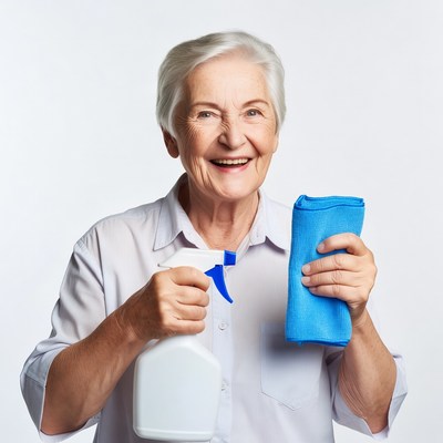 Elderly woman holding spray bottle and cloth